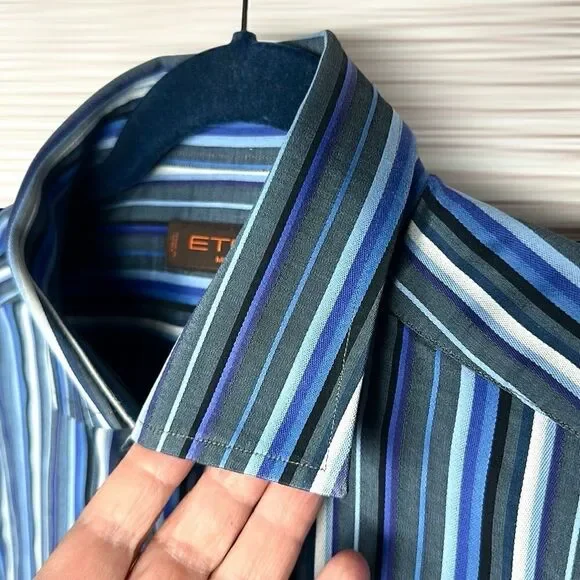 ETRO Milano Casual Button Up Shirt Cotton Blue Gray Striped Italy size 41 US 16 - Picture 6 of 12